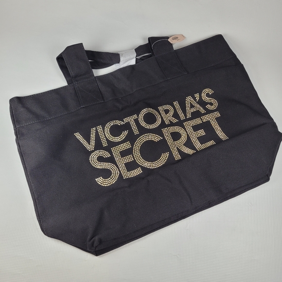 NWT Victoria's Secret Tote Bling Lettering VS Gold Black Large Canvas Duffle - Picture 2 of 9